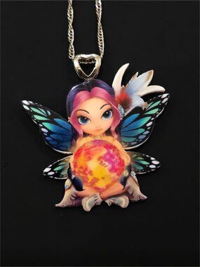 Hand Crafted ✦ Fairy Girl Acrylic Pendant Necklace ✦ Rainbow Orb Silver Chain